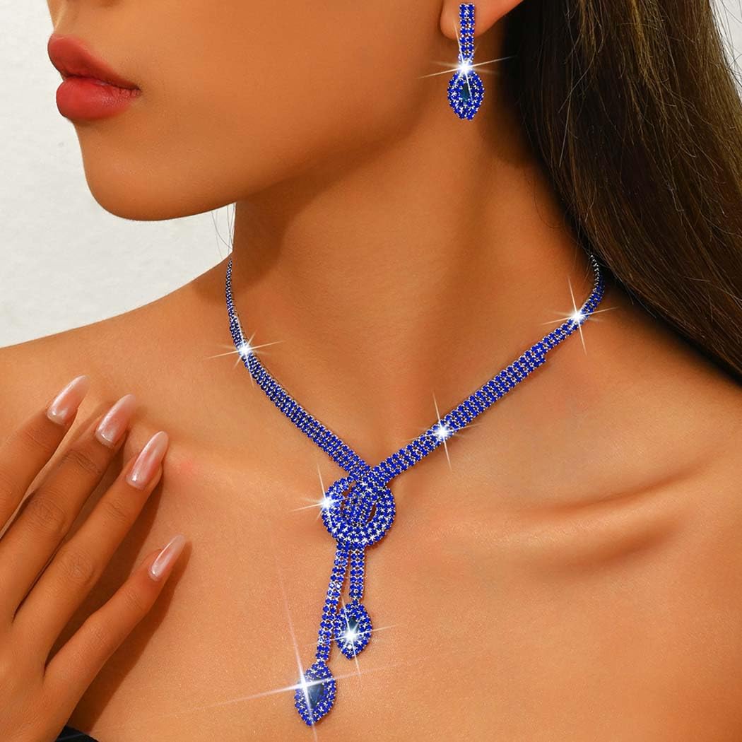 Unicra Blue Rhinestone Bridal Wedding Jewelry Set Crystal Necklace Earrings Sets Formal Prom Costume Jewelry Sets for Women and