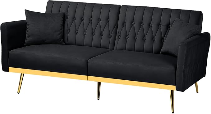 ACMEASE 70” Velvet Futon Sofa Bed with 2 Pillows and Adjustable Armrests, Convertible Sleeper Bed W/Adjustable Backrests, Modern Loveseat for Living Room, Bedroom, Black