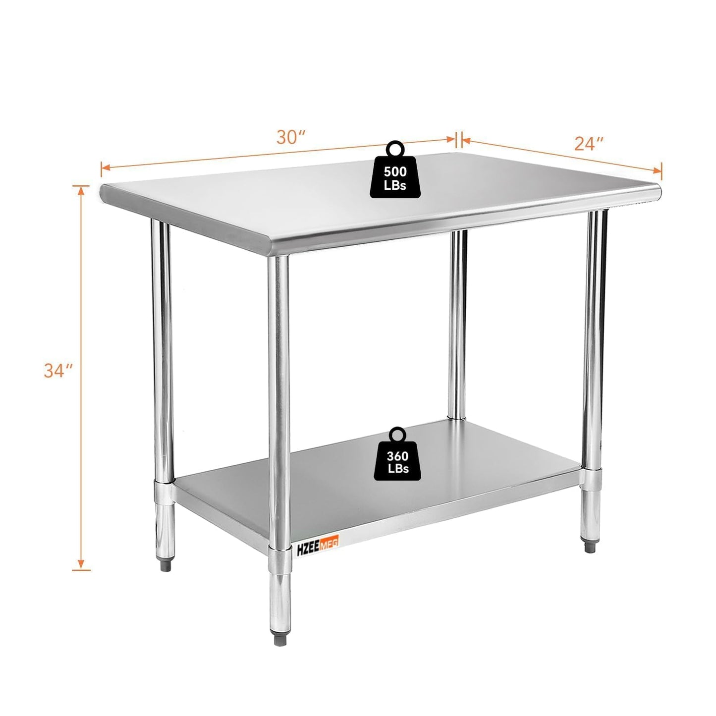HZEEMFG Stainless Steel Table for Prep & Work 24 x 30 inches, Heavy Duty Metal Table with Adjustable Undershelf for Commercial Kitchen, Restaurant, Home, Hotel, Laundry Room,Garage, Workshops
