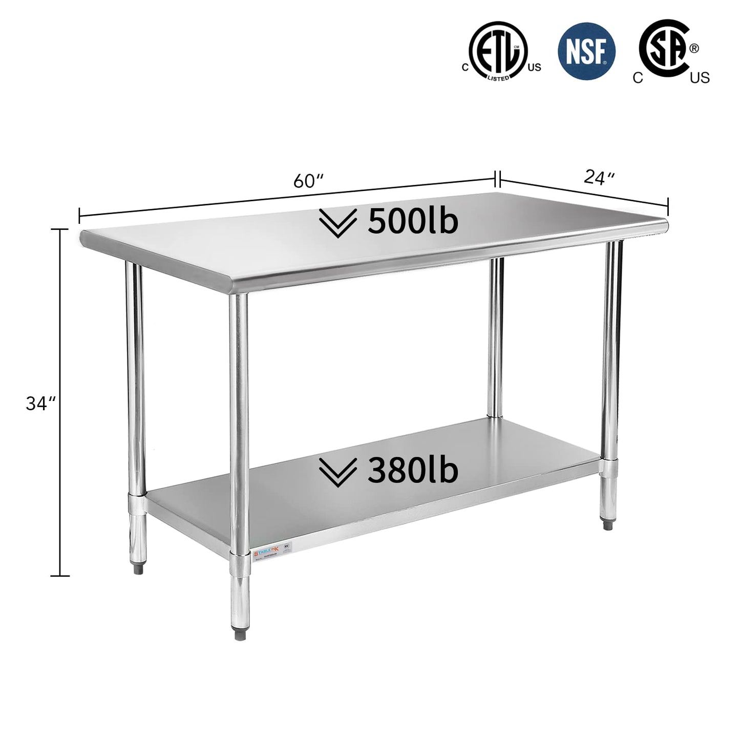 STABLEINK NSF Stainless Steel Table 24 x 60 Inches 5ft, Metal Prep & Work Tables with Adjustable Undershelf, for Commercial Kitchen, Restaurant, Hotel and Garage