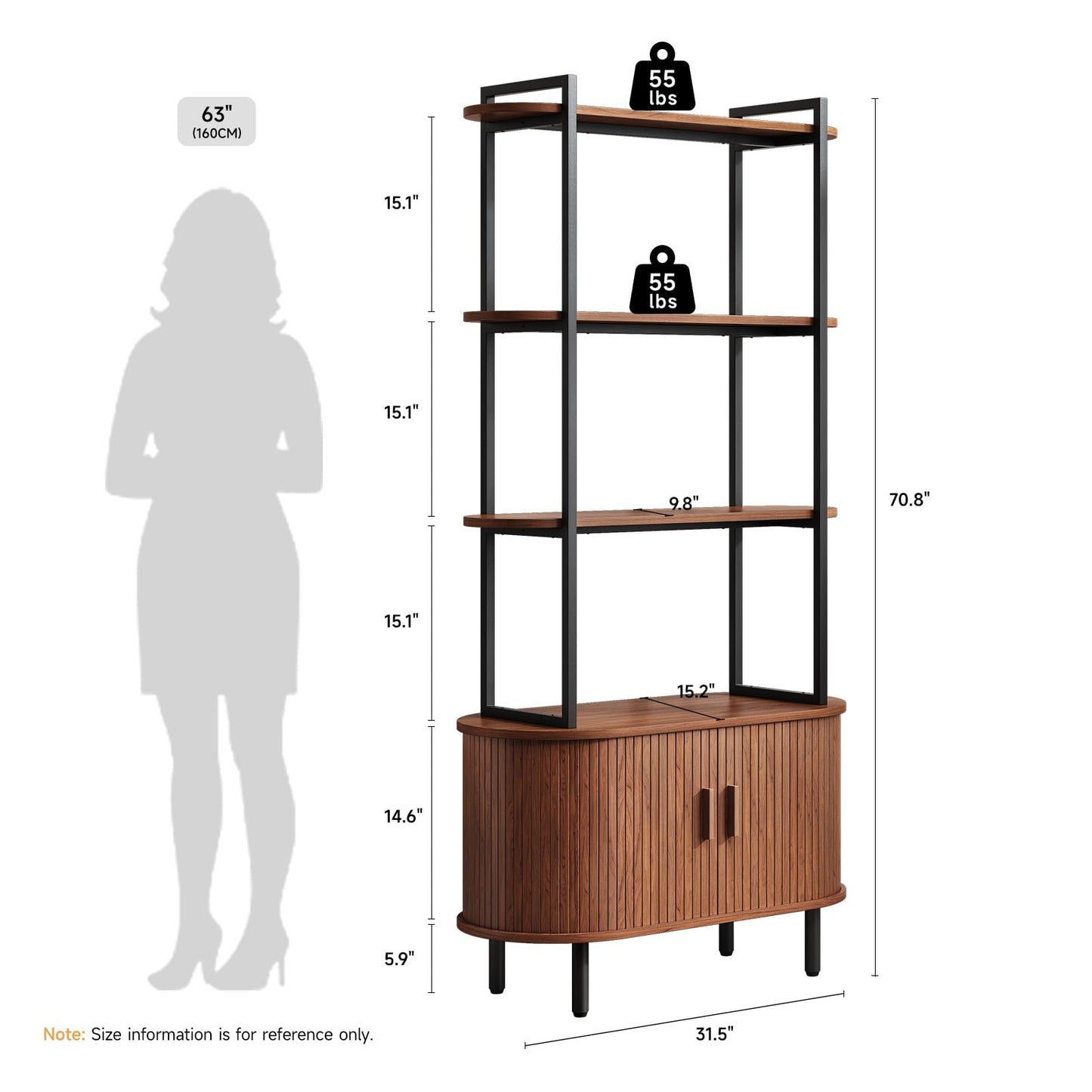 ONBRILL 71" Tall Bookshelf, 4-Tier Book Shelf with Storage Cabinet, Modern Bookcase with Sliding Door and Adjustable Footpad, Freestanding Storage Organizer Bookshelf for Living Room, Bedroom, Walnut
