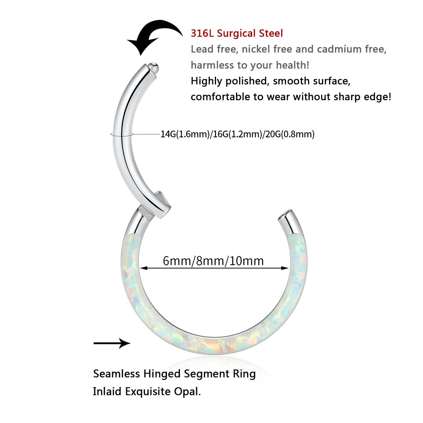 FUNLMO 16G Septum Ring 10mm Daith Rook Earrings Clicker Nose Rings Helix Daith Septum Rook Conch Piercing Jewelry Surgical Steel
