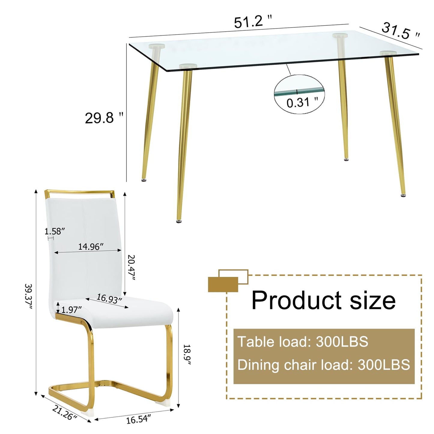 Ebullient Glass Dining Table Set for 4,5 Piece Dining Table and Chairs Set,Modern Kitchen Dining Room Table with 4 White PU Leather Dining Chairs,0.31” Tempered Glass Table Top with Gold Metal Legs
