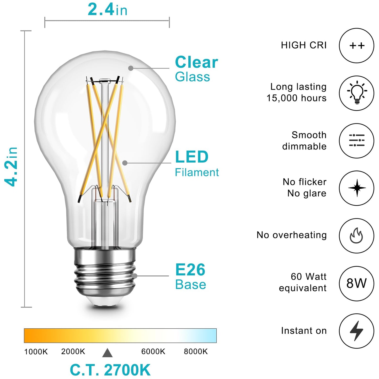 TJOY 6 Pack A19 Vintage LED Edison Bulbs, Dimmable Light Bulb 60W Equivalent, High Brightness 2700K Warm White, 8W E26 Standard Base, 800Lumens, CRI80+, Clear Glass Filament Bulb for Home, Farmhouse
