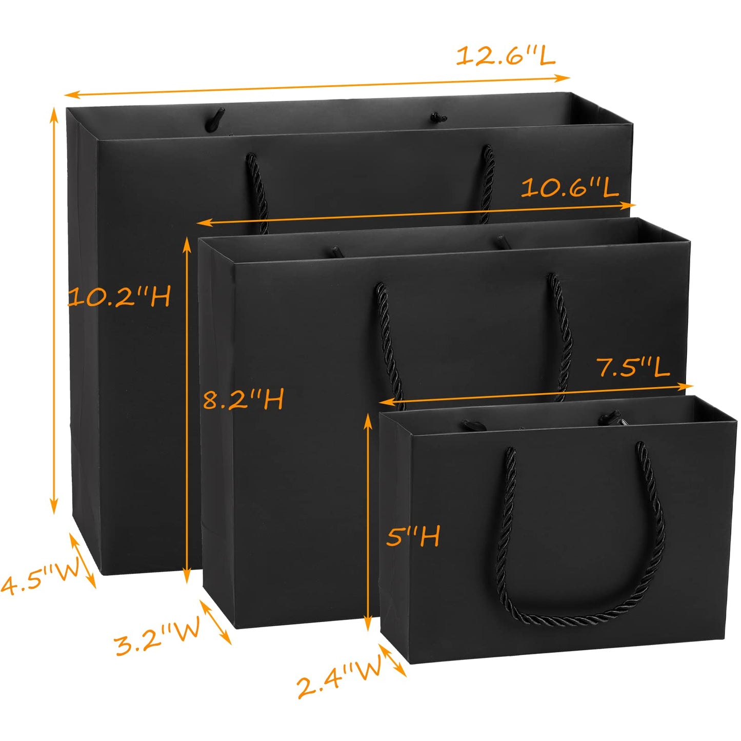 Lyellfe 30 Pack Black Gift Bags, Heavy Duty Kraft Paper Bag with Handle, Luxury Waterproof Shopping Bag, Retail Merchandise Bags for Birthday, Wedding, Christmas, S, M, L