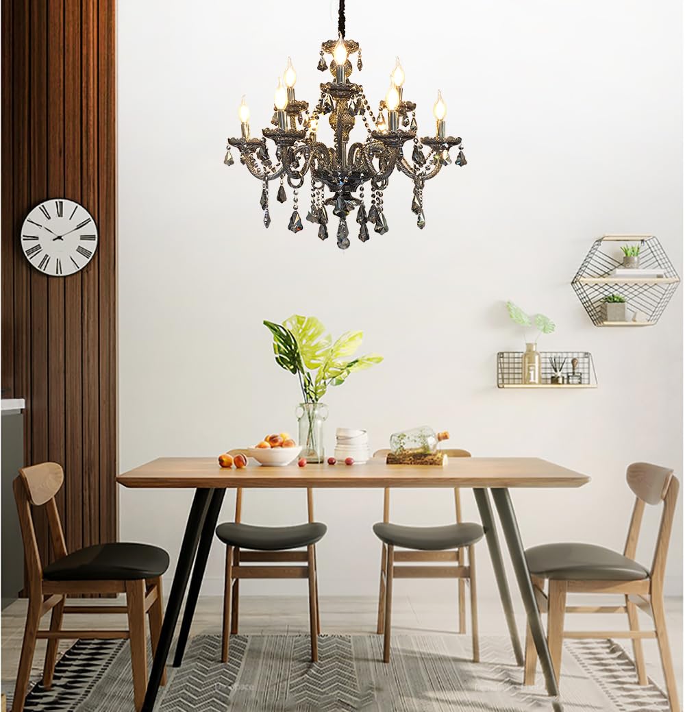Uboxin Luxury Crystal Chandelier Smoke Gray,Double Layer K9 Crystal Chandelier Light Fixtures 9-Light Candle Style Crystal Ceiling Light Lamp for Dining Living Room Bedroom