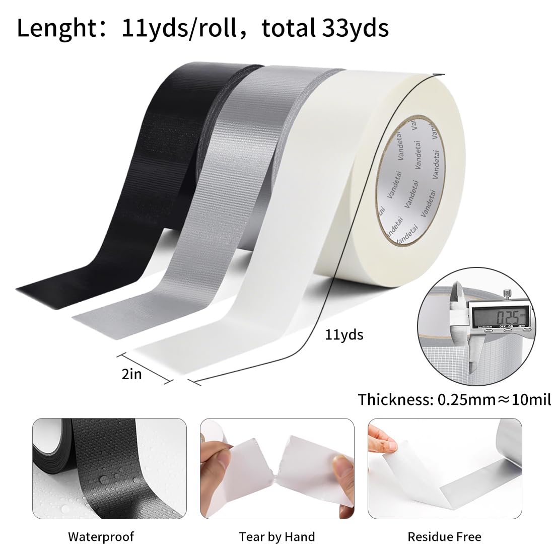 Vandetai Duct Tape Heavy Duty Waterproof, Strong Adhesive Silver Duct Tape Bulk for Indoor Outdoor Repairs, DIY Work, Tear by Hand (Black + Silver + White 3 Pack, 2 Inch x 33 Yards Total)