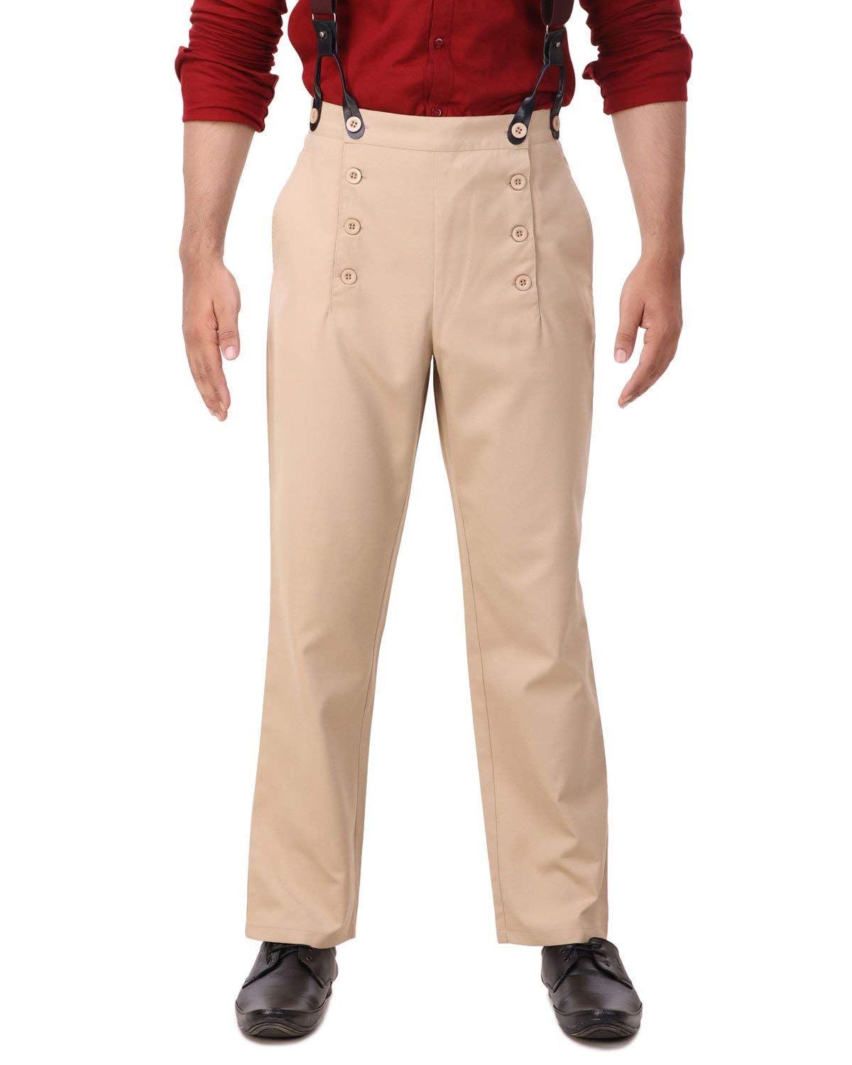ThePirateDressing Steampunk Victorian Cosplay Architect Men’s Pants – High-Waist Gothic Trousers for Halloween, Renaissance, Tussar Poly-Viscose Fabric – Suspenders Ready C1328-Beige-Small