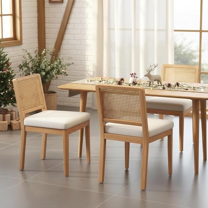 LukeAlon Set of 2 Mid Century Dining Chairs - Farmhouse Kitchen Chairs with Woven Rattan Back, Plush Chenille Upholstered Seats, Solid Wood Legs for Dining Room & Breakfast Nook, White