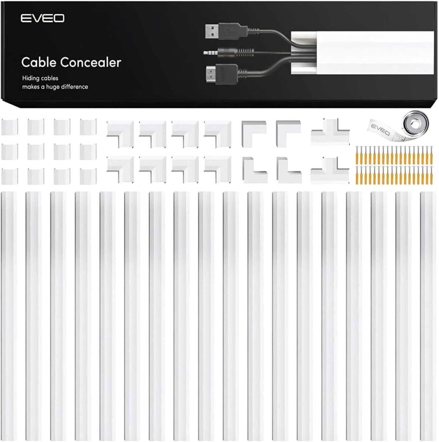 EVEO Cord Hider - 300” Cord Cover Wall Cable Hider, Cable Concealer, Wire Hiders for TV on Wall. Cable Management, Cord Hider Cable Raceway Wire Covers for Cords (White, Large) -Like New