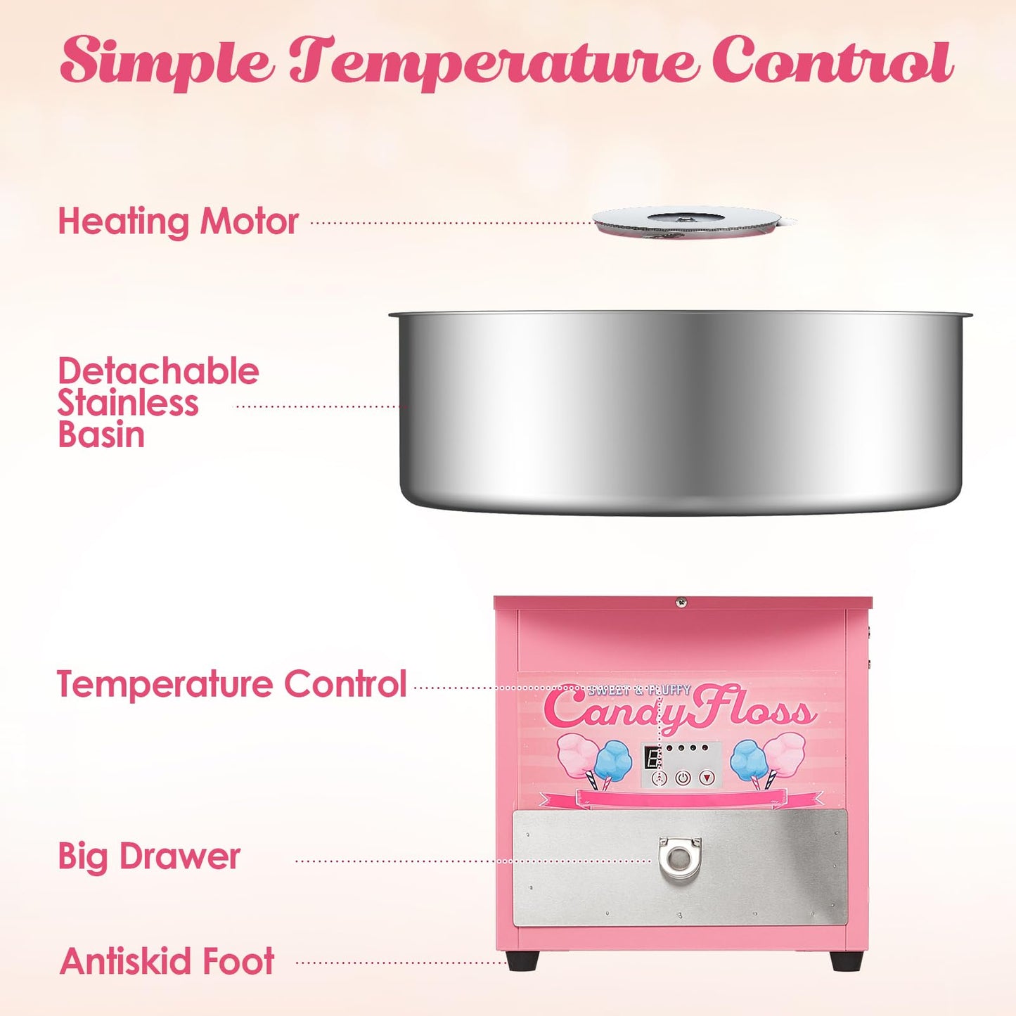 Garvee Electric Candy Cotton Machine for Kids Commercial Candy Cotton Maker with 20 Inch Stainless Steel Bowl Party Home Festival Pink