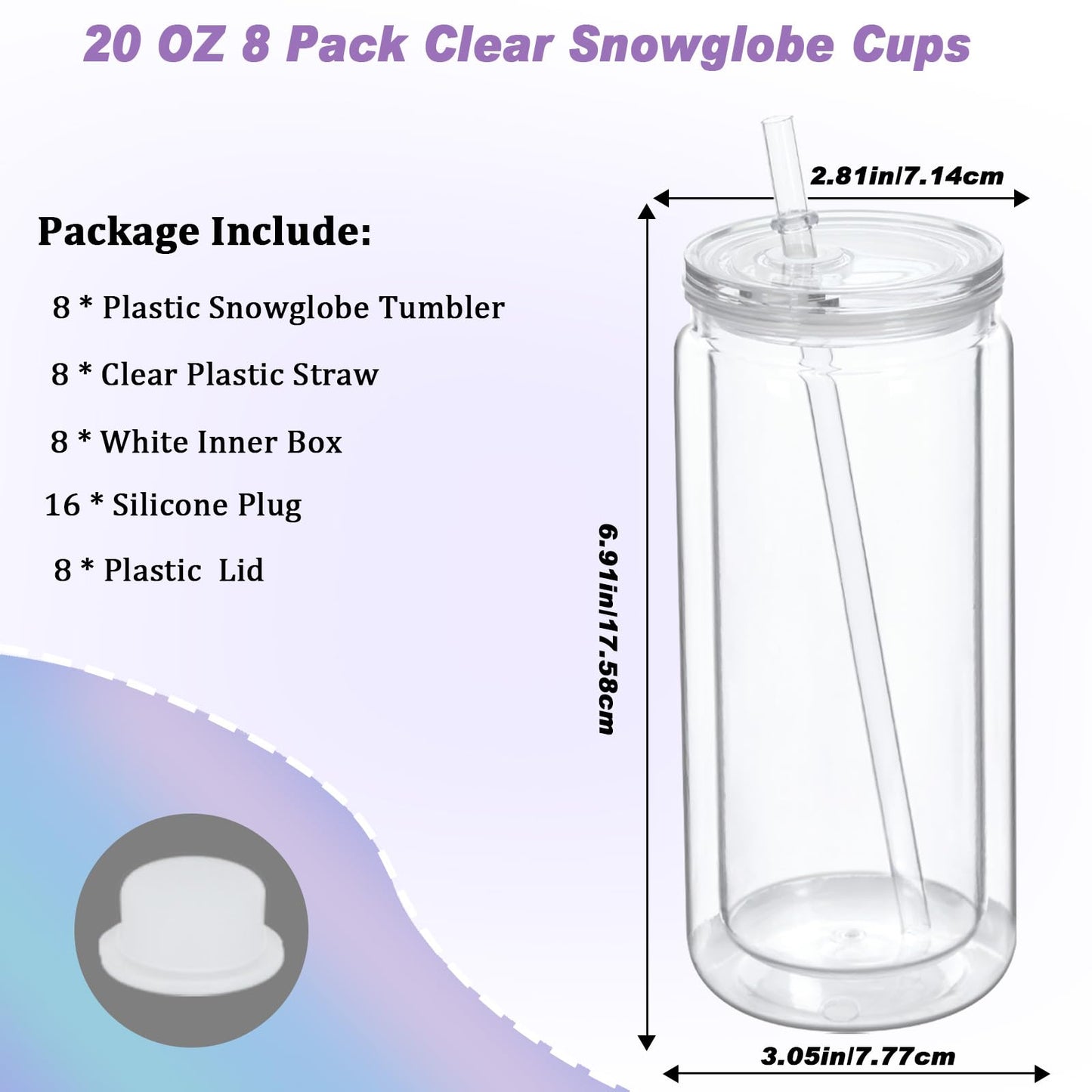 Micellwuu 20 oz Acrylic Snowglobe Tumbler, 8 Pack Double Wall Snow Globe Cups with Pre Drilled Hole, Plastic Mason Jar Cups Can for Snow Globe Glitter DIY (Clear)