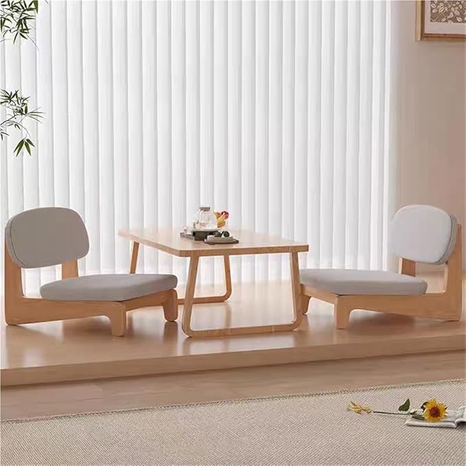 Solid Wood Floor Chair Without Arms, Meditation Chair with Back Support and Cushioned, Low Chair for Living Room, Balcony or Bay Window