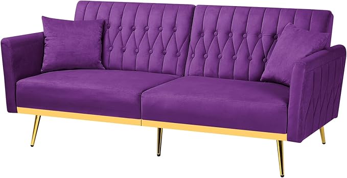 ACMEASE 70” Velvet Futon Sofa Bed with 2 Pillows and Adjustable Armrests, Convertible Sleeper Bed W/Adjustable Backrests, Modern Loveseat for Living Room, Bedroom, Purpel