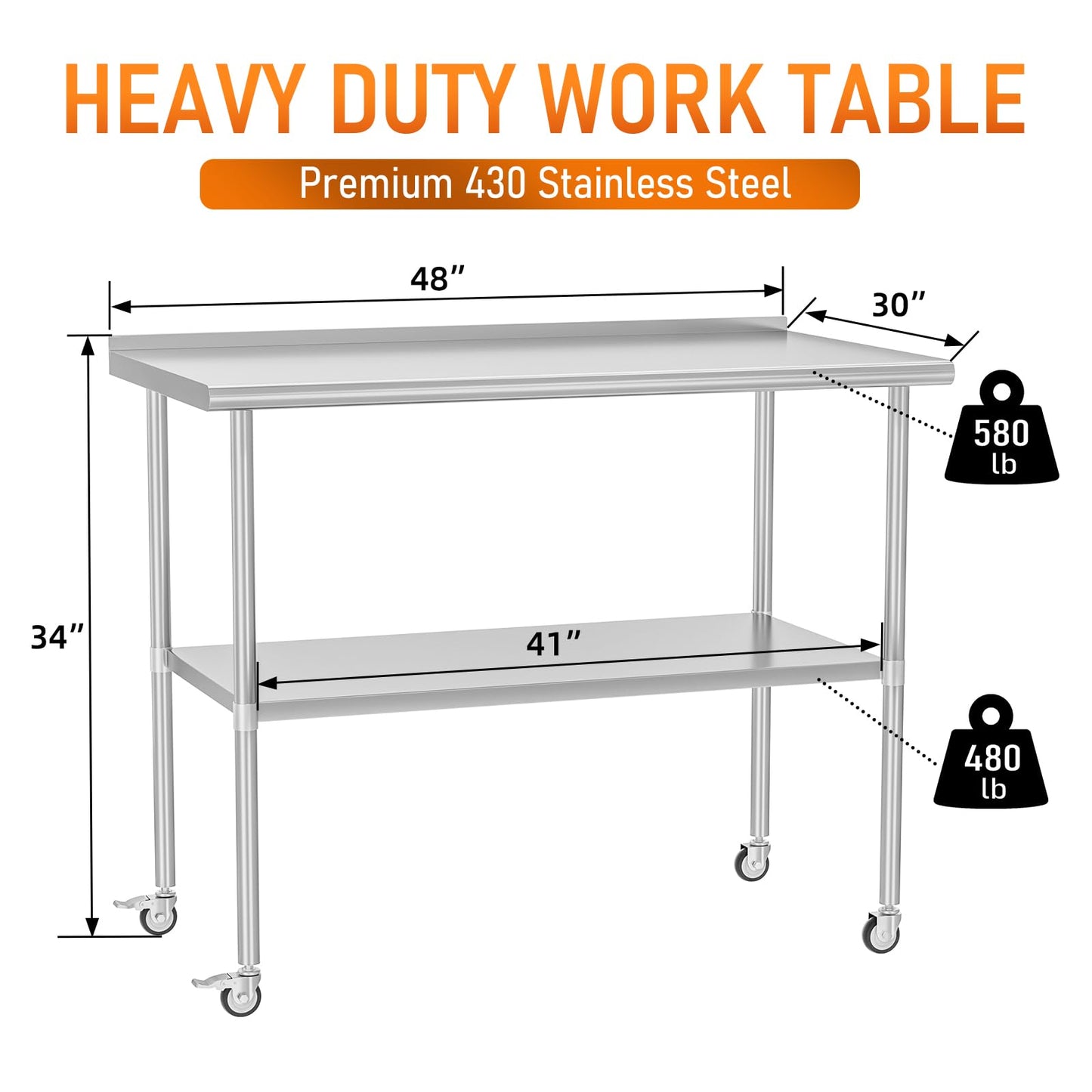 HOCCOT Stainless Steel Prep Table 30" X 48" with Adjustable Undershelf, Backsplash and Wheels, Commercial Metal Workstations for Kitchen, Garage, Outdoor BBQ