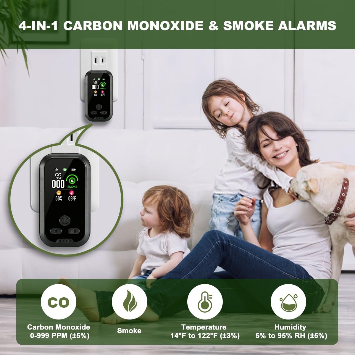 Smoke and Carbon Monoxide Detectors Plug in Wall, Portable Carbon Monoxide Alarm, 4-in-1 CO Detector Smoke Alarm Humidity & Temp Meter, HD Screen, CO Gas Monitor for Home Travel Camping RV (Black)