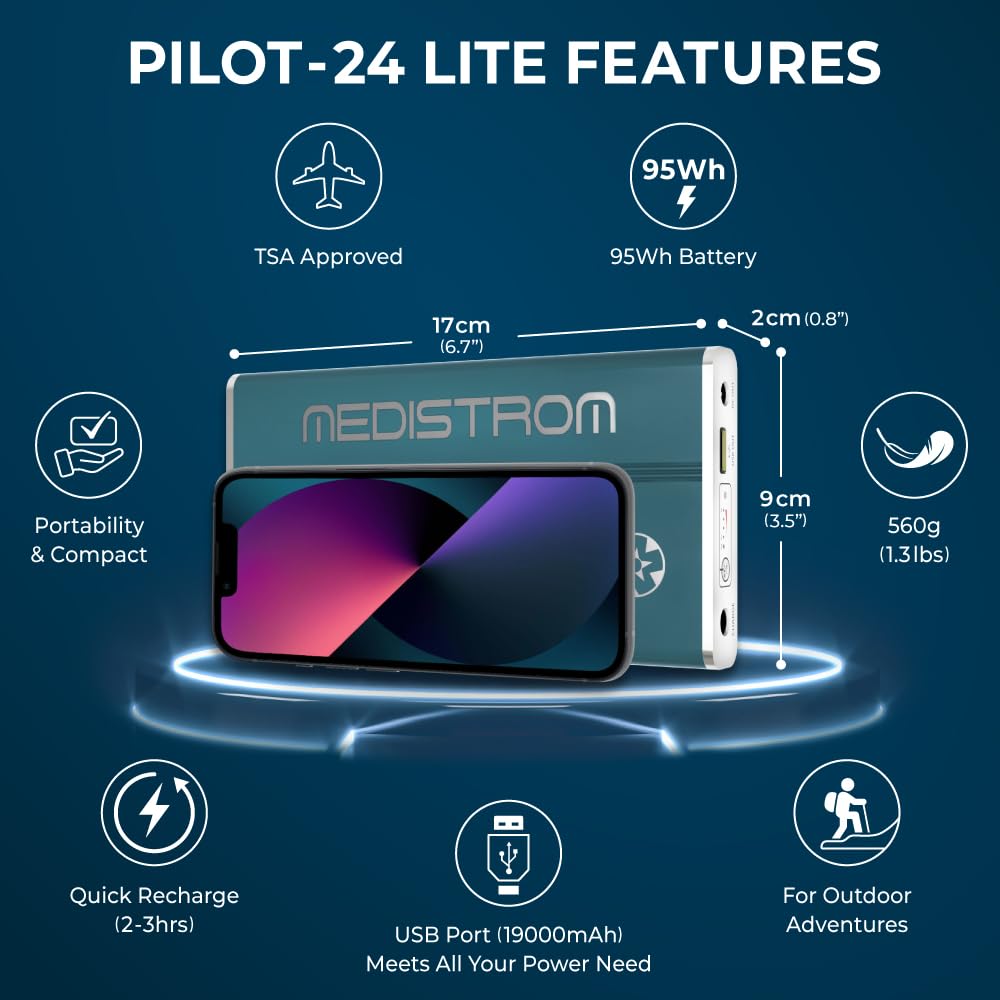 Pilot-24 Lite Battery with Car Charger, 95Wh CPAP Battery Backup Power Supply for 24V CPAP Machine, TSA Approved Travel CPAP, CPAP Supplies, Accessories