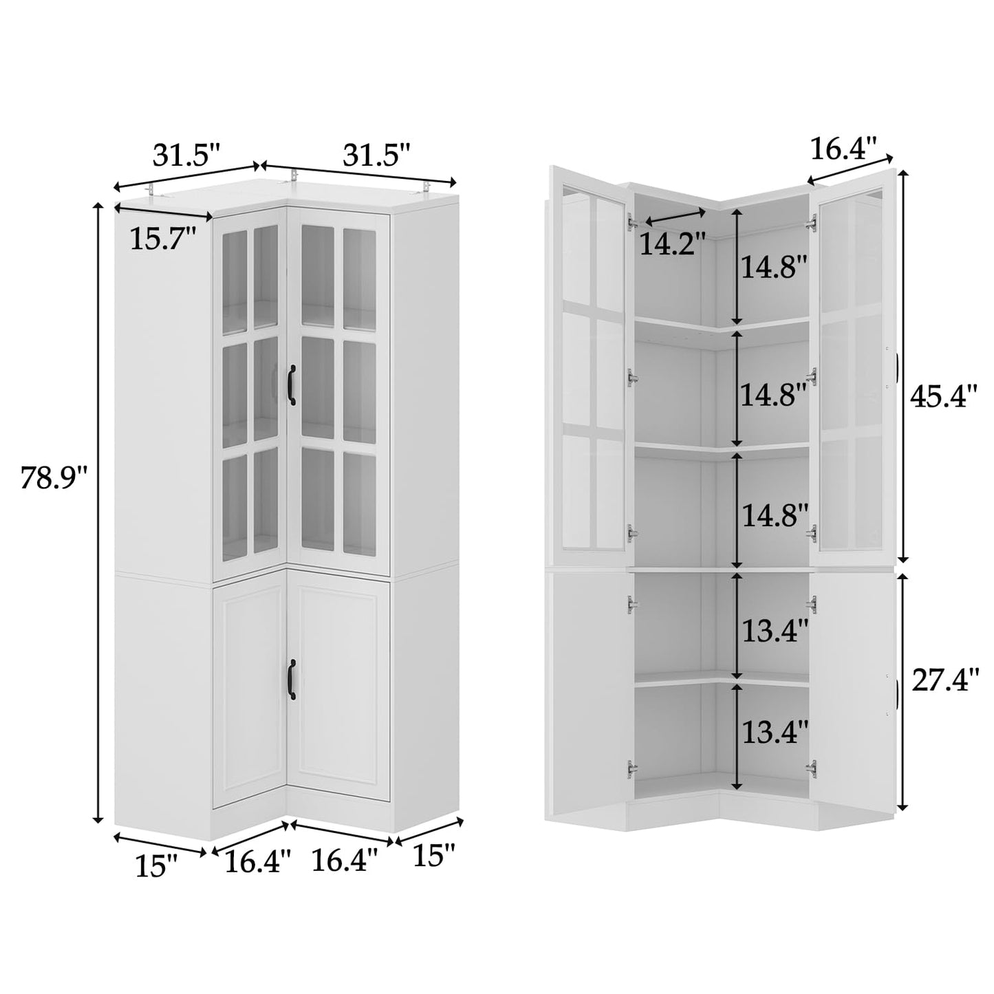 ROMSHINE Corner Bookshelf with Glass Doors, L-Shaped Bookcase with 5-Tier Shelf, 78.9" Tall Kitchen Corner Storage Cabinet, Grilles Glass Display Cabinet for Living Room Home Office, White