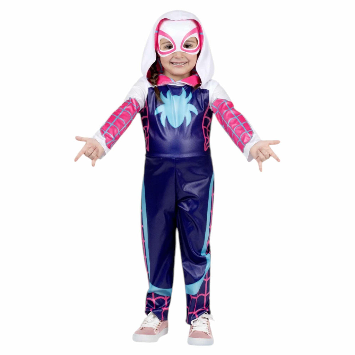 Jazwares GHOST-SPIDER Gwen Stacy Marvel Spidey & His Amazing Friends Halloween Costume with Hooded Jumpsuit & Fabric Mask (TODDLER 2T)
