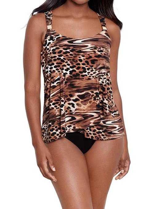 Miraclesuit Women's Swimwear Ocicat Dazzle Scoop Neck Underwire Bra Tankini Top, Black/Multi, 18