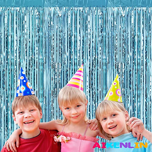 4 Pack Light Blue Foil Fringe Curtain Backdrop, 3.2Ft x 9.8Ft Metallic Tinsel Foil Fringe Streamers Curtains for Party, Ph...