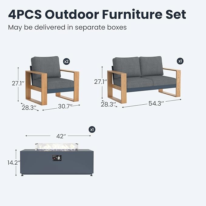 4 Pieces Aluminum Patio Furniture Set, Outdoor Conversation Sets with High Backrest Sofa and Fire Pit Table for Garden and Backyard
