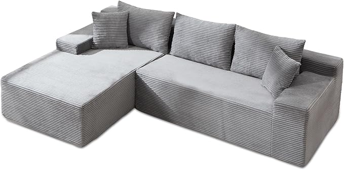105’’ L-Shape Modular Sectional Sofa with Chaise, Convertible Cloud Couch, Corduroy Fabric & High-Density Memory Foam, No Assembly Required for Living Room (Grey, Left Facing Chaise)