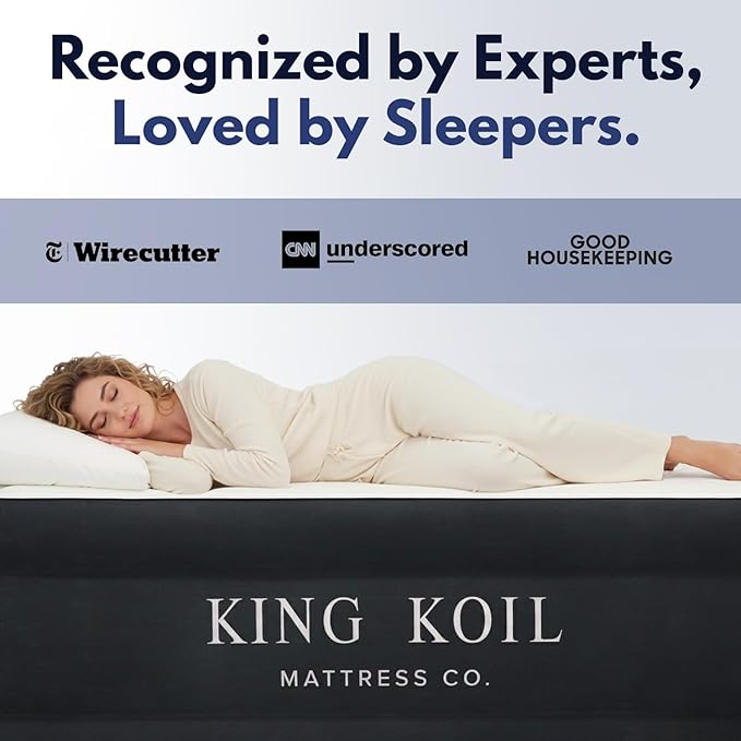 King Koil Premium California King Air Mattress with Built-in High-Speed Patented Pump for Home, Camping & Guests- 16in Inflatable Double High Airbed Blow Up Bed, Waterproof, 1 Year Warranty