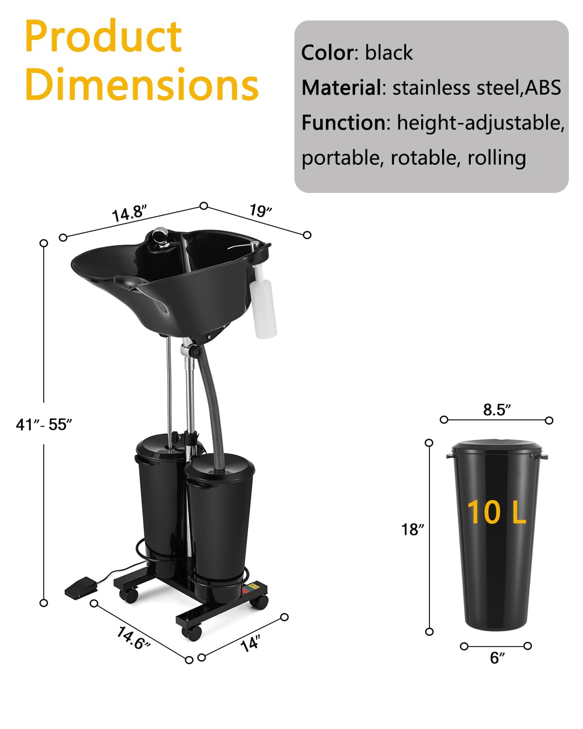 Artist hand Portable Shampoo Bowl with Electric Pump, Portable Hair Washing Sink for Home & Barber, Adjustable Height, Dual-Bucket Design, Drain Hoses, High-Pressure Sprayer, Foot Pedal Switch, Black