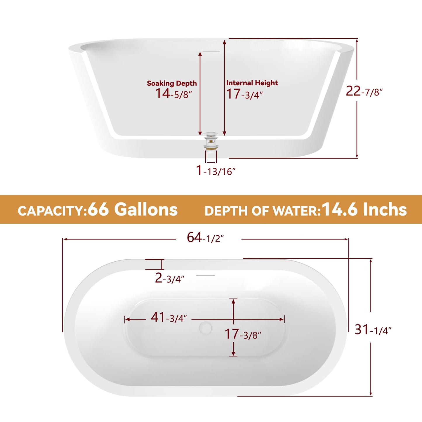 64" Free Standing Tub, Pure Acrylic Freestanding Bathtub, Stylish Stand Alone Contemporary Deep Soaking Bath Tub, cUPC Certified SY1265 (Glossy White)