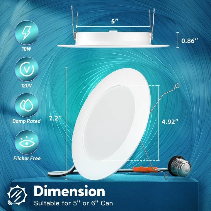 FREELICHT 12 Pack Retrofit LED Recessed Lighting 6 Inch, Selectable 2700K/3000K/4000K/5000K/6000K, Dimmable Flat LED Can Lights, 10W=110W, 1000LM, IC & Damp Rated, ETL & FCC, White