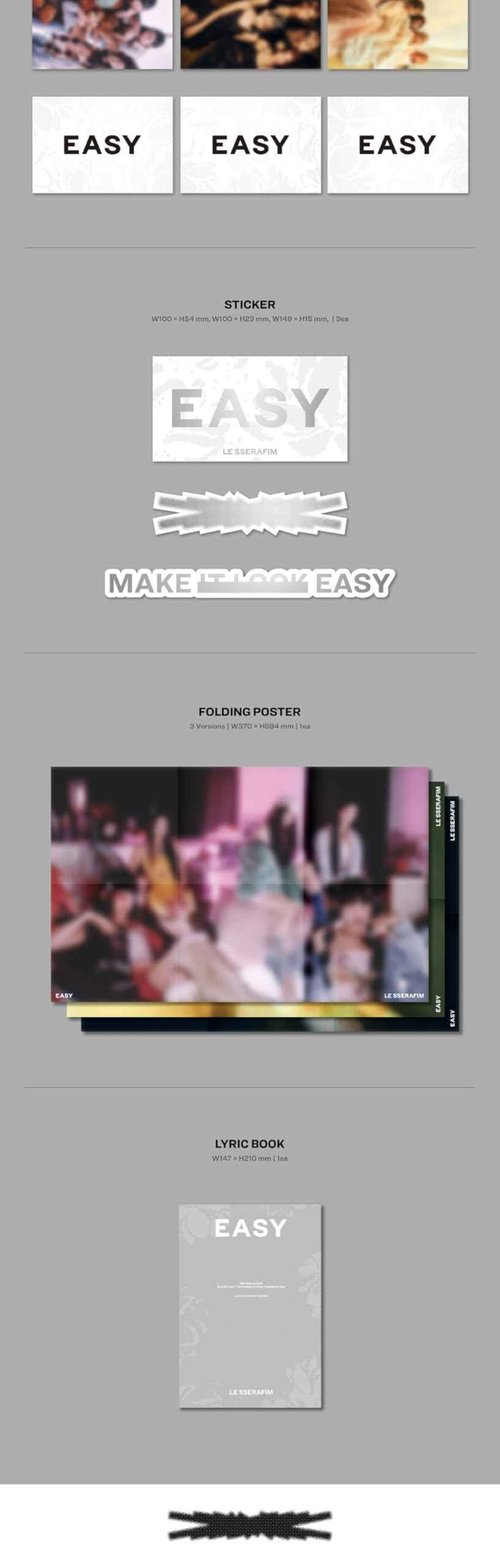 KPOP LE SSERAFIM Easy 3rd Mini Album Standard 3 Version SET CD+1p Folding Poster on Pack+104p Booklet+1p PhotoCard+1p PostCard+3ea Sticker+1ea Lyric Book+Tracking Sealed LSFM
