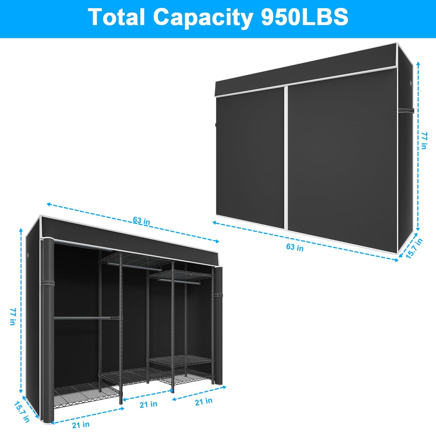 Ulif E13C Heavy Duty Closet Organizer System,Freestanding Clothing Racks for Hanging Clothes,Adjustable Garment Rack 63" W x 16" D x 77" H Hold 960 lbs,Black Clothing Rack with Black Dustproof Cover
