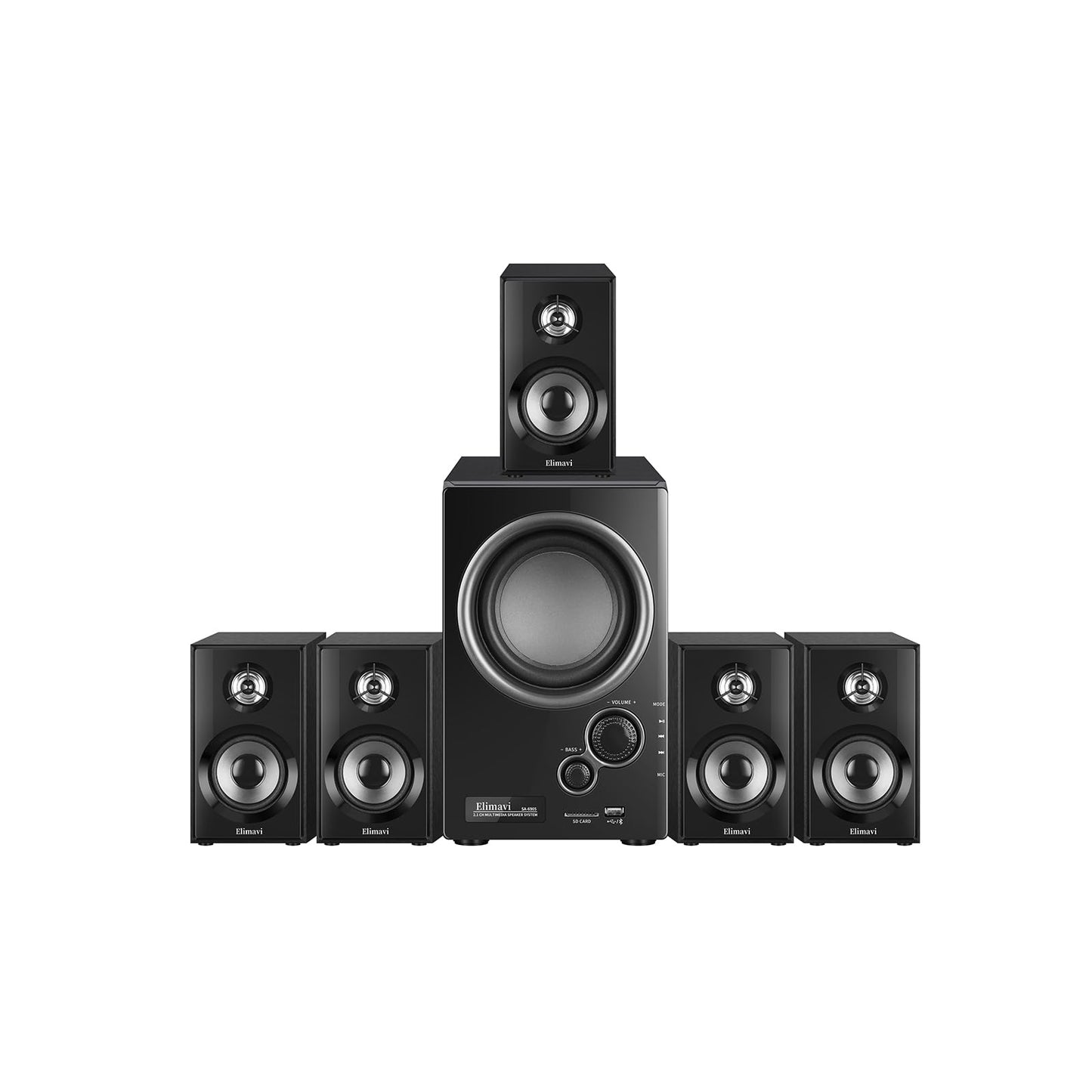 Elimavi 5.1 Surround Sound System with 5.5'' Subwoofer Stereo System for Home with 2.5'' Midrange Home Theater Speakers, Home Speaker System with 3.5-RCA/USB/Wireless/AUX Audio Inputs