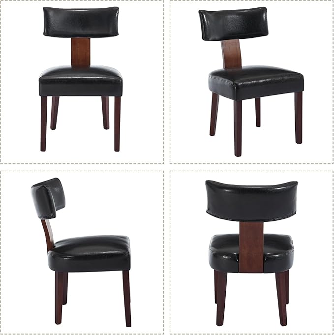 KHISCHMO Mid Century Modern Dining Chairs, Upholstered Pu Leather Fabric Chairs with Curved Backrest and Wood Legs, Comfy Kitchen Vanity Chairs for Dining Room/Living Room/Kitchen, Set of 6 Black