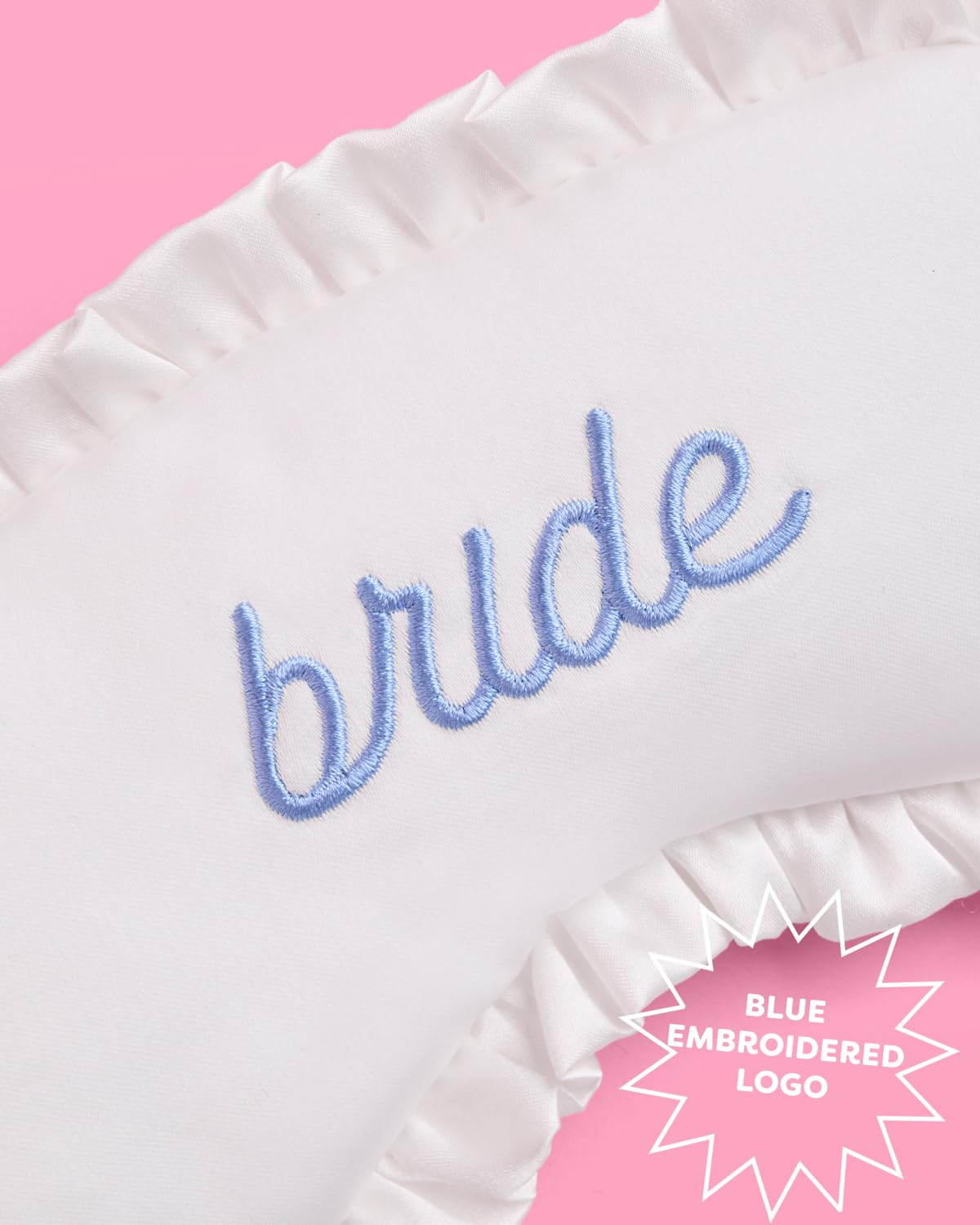 xo, Fetti Ruffled Bride Sleep Mask, White Satin + Blue Embroidery | Bachelorette Party Decorations, Bridal Shower Accessory, Bride to Be Party Favor, Bridesmaid Gift