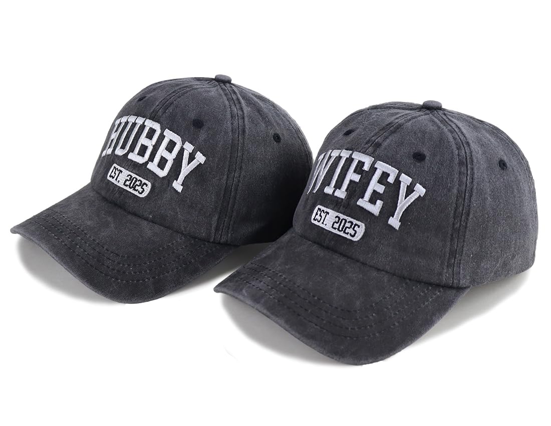 2 Pack Hubby Wifey Hats 2025, Couples Gifts for Bridal Shower Anniversary Honeymoon Engagement, Wedding for Him Her Wife Husband Mr Mrs Baseball Caps Black