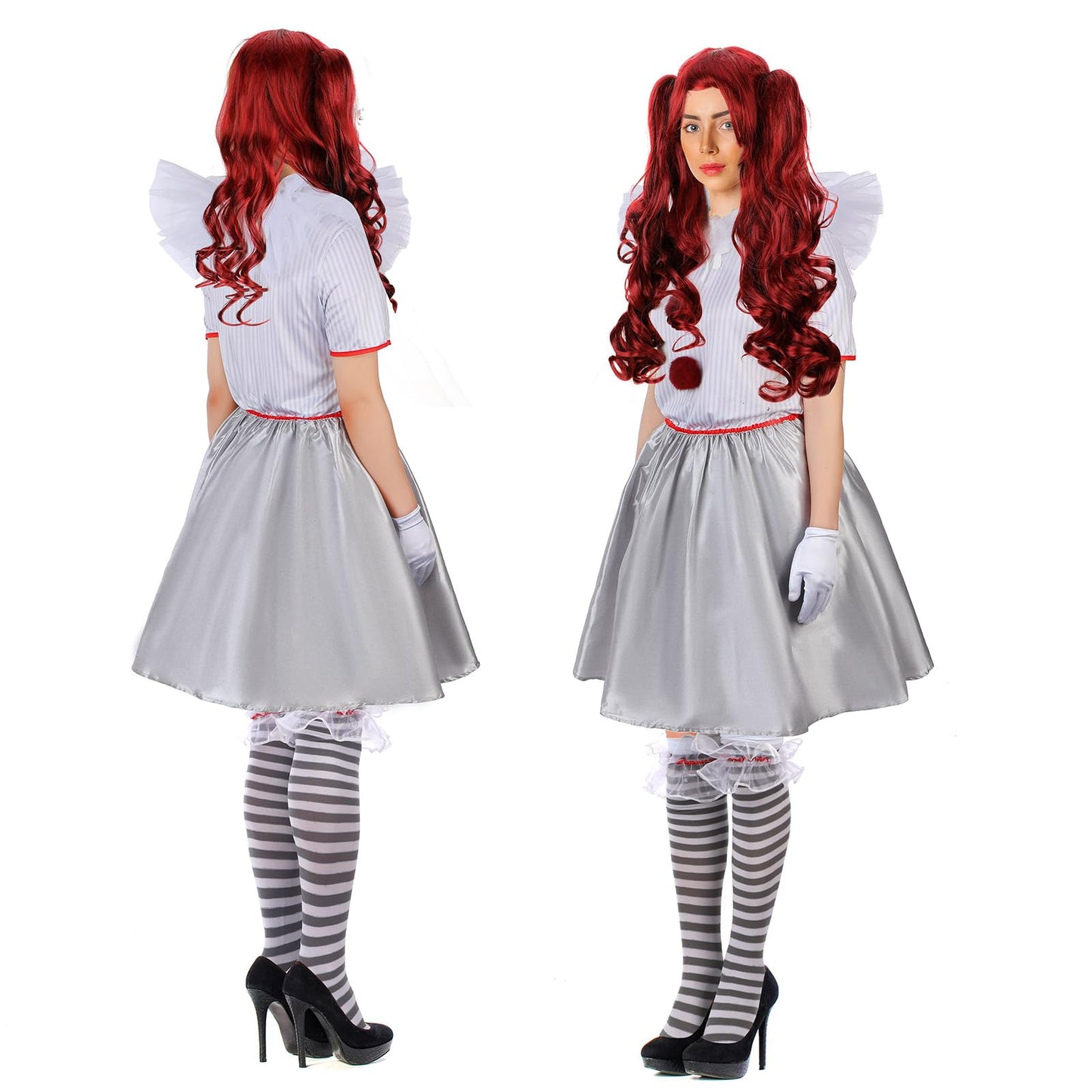 Toulite Halloween Carnevil Clown Costume for Women Clown Wig Dress up Clown Costume for Halloween Scary Cosplay Party (Large), White
