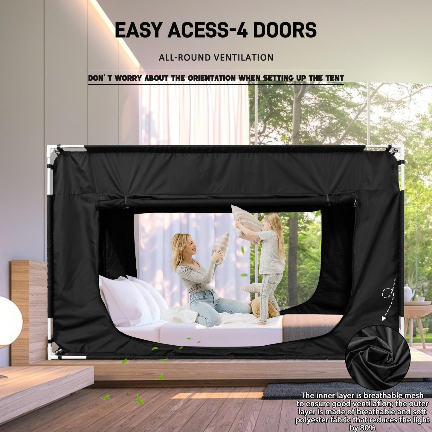 Bed Tent Bed Canopy Queen Size Tents for Adult and Kids - Portable Sleeping Bed Tents 80% Blackout with 4 Doors Breathable Private Space Tents(Mattress Not Included)