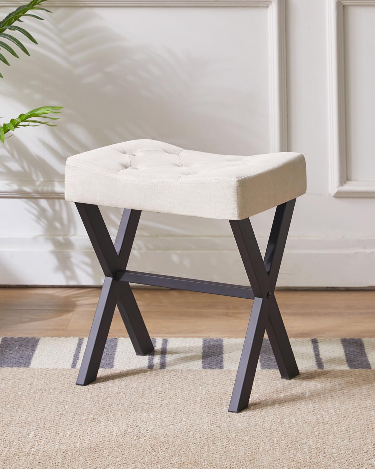 IBUYKE U-Shaped Linen Vanity Stool, Square Makeup Chair with X-Leg, Ottoman Seat Footrest Stool, Multi-Use as Small Side Table, for Bedroom, Living Room, Linen WBD018Y