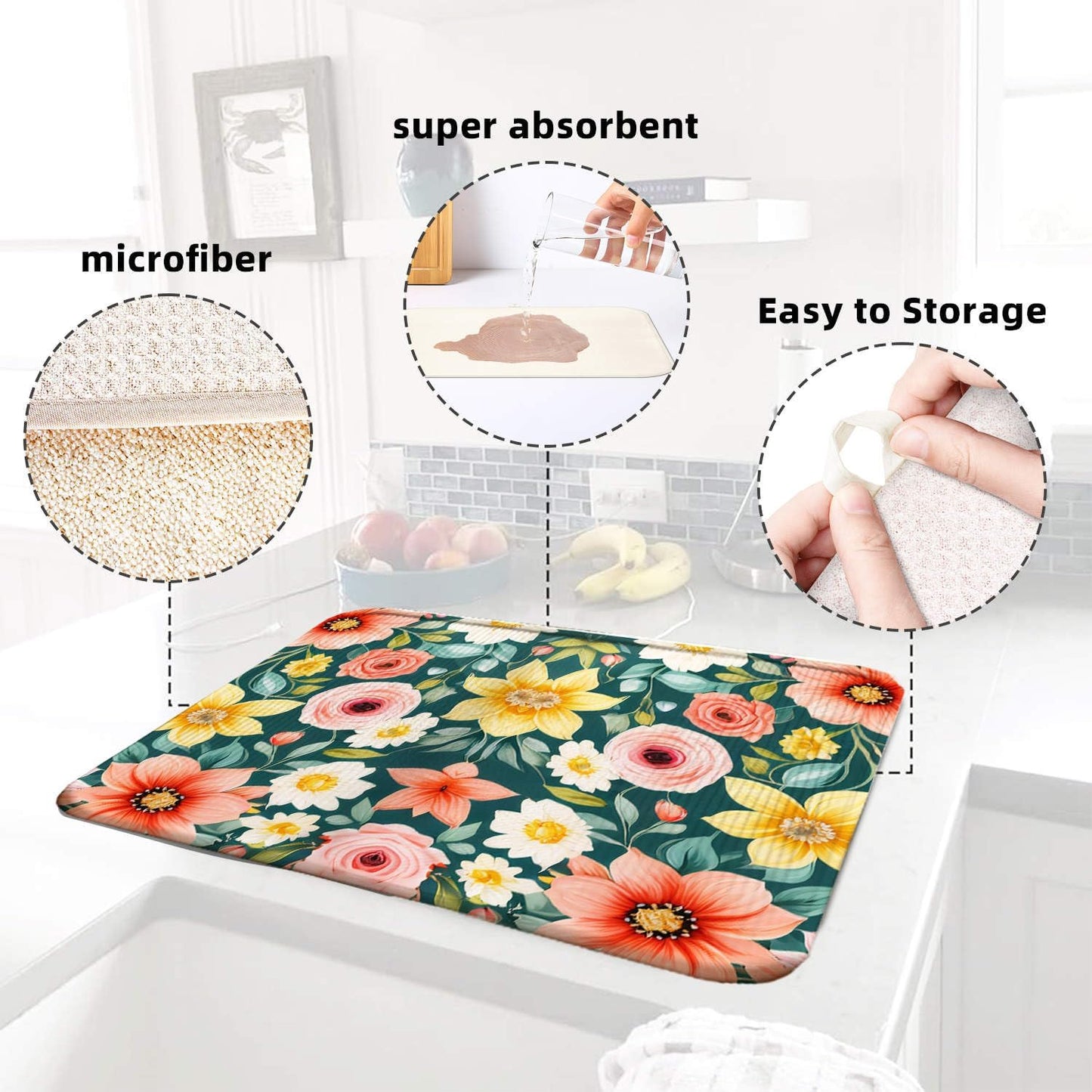 Floral Spring Small Dish Drying Mat for Kitchen Counter 16''x18''Microfiber Absorbent, Foldable, Quick-Dry, Non-Slip,Compact Kitchen Drying Pad for Dishes, Countertops, and Cookware