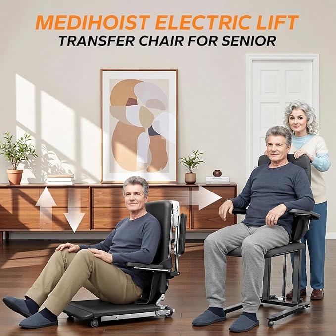 MediHoist Steel Electric Floor Lift Chair with Wheels and PU Cushion, Floor Lift for Elderly, 440 LBS Capacity, Seat Belts and Handrails, Suitable for Home Use
