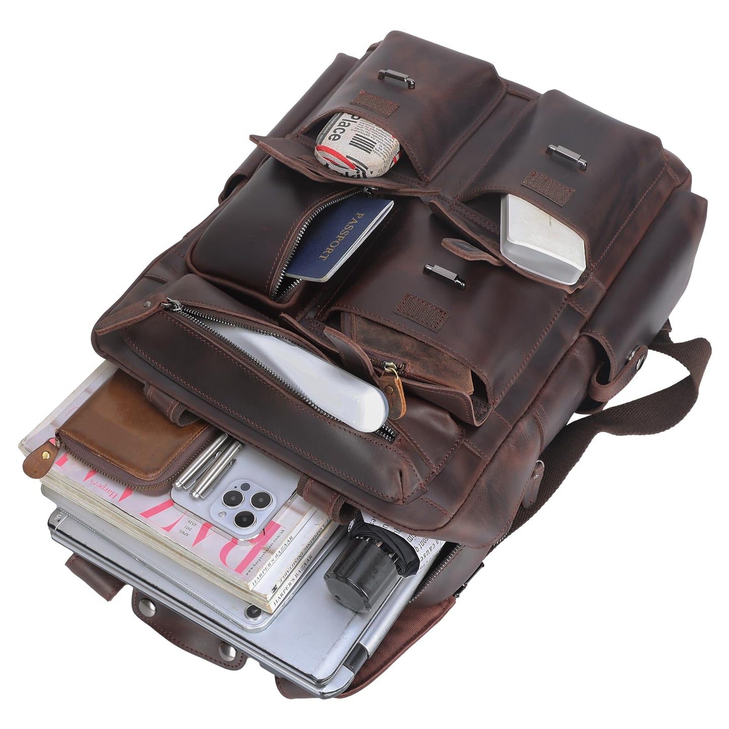 Polare Cowhide Leather Multiple Laptop Backpack Day pack Travel Bag Satchel with YKK Metal Zippers