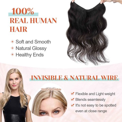 Benehair Miracle Wire Hair Extension for Women Real Human Wavy Invisible Wire Adjustable Natural Black Hair Extension 16inch for Thinning Hair #1B
