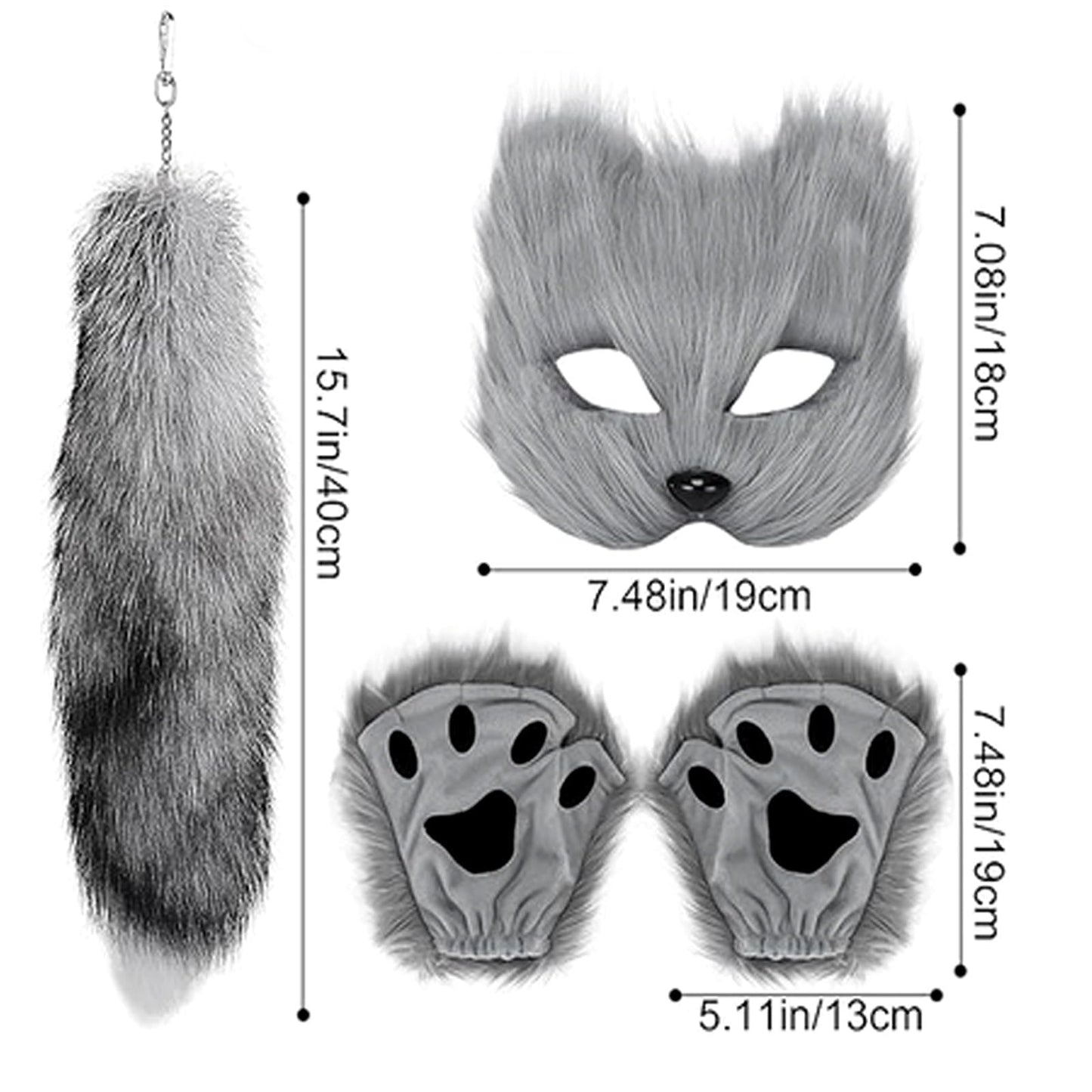 NWSTESLE Furry Therian Mask and Tail for Kids,Animal Fox Mask Wolf Tail Paws Set,Over 1 Years Old Gray