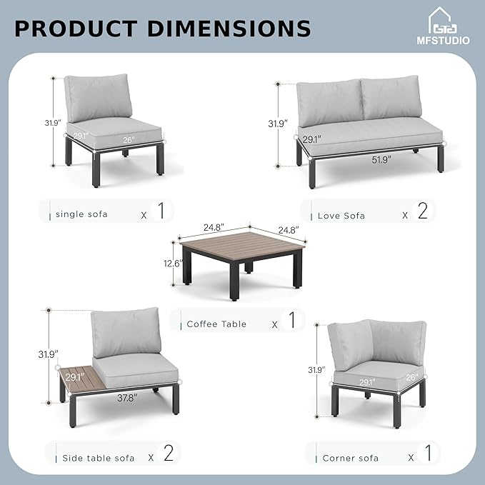MFSTUDIO 7 Pieces Patio Furniture Set, Outdoor Sectional Sofa Metal Modern Patio Conversation Set with 1 x Coffee Table for Backyard,Garden,Poolside