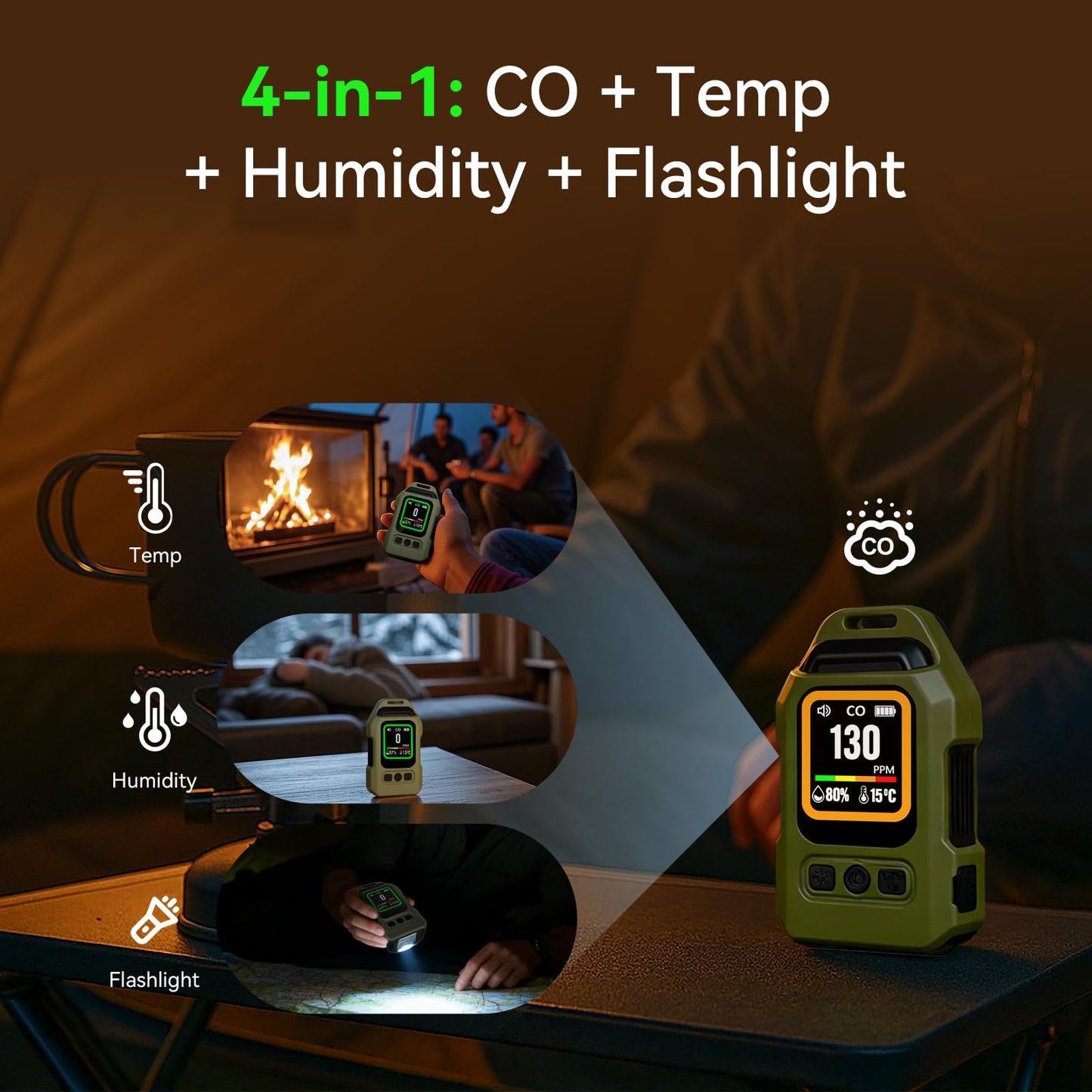 Portable 4-in-1 Carbon Monoxide Detector, Rechargeable Mini CO Alarm with Magnetic Back, 300H Standby, Temp & Humidity Sensor Air Quality Monitor for Home, Travel, Camping, RV, Car