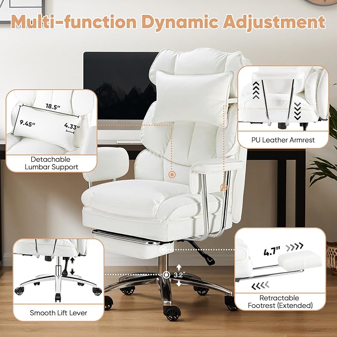 Sweetcrispy Executive Home Office Desk Chair - Ergonomic Big Tall High Back with Footrest & Lumbar Support, Reclining Height Adjustable, Comfy PU Leather Computer Gaming with Swivel Wheels, White
