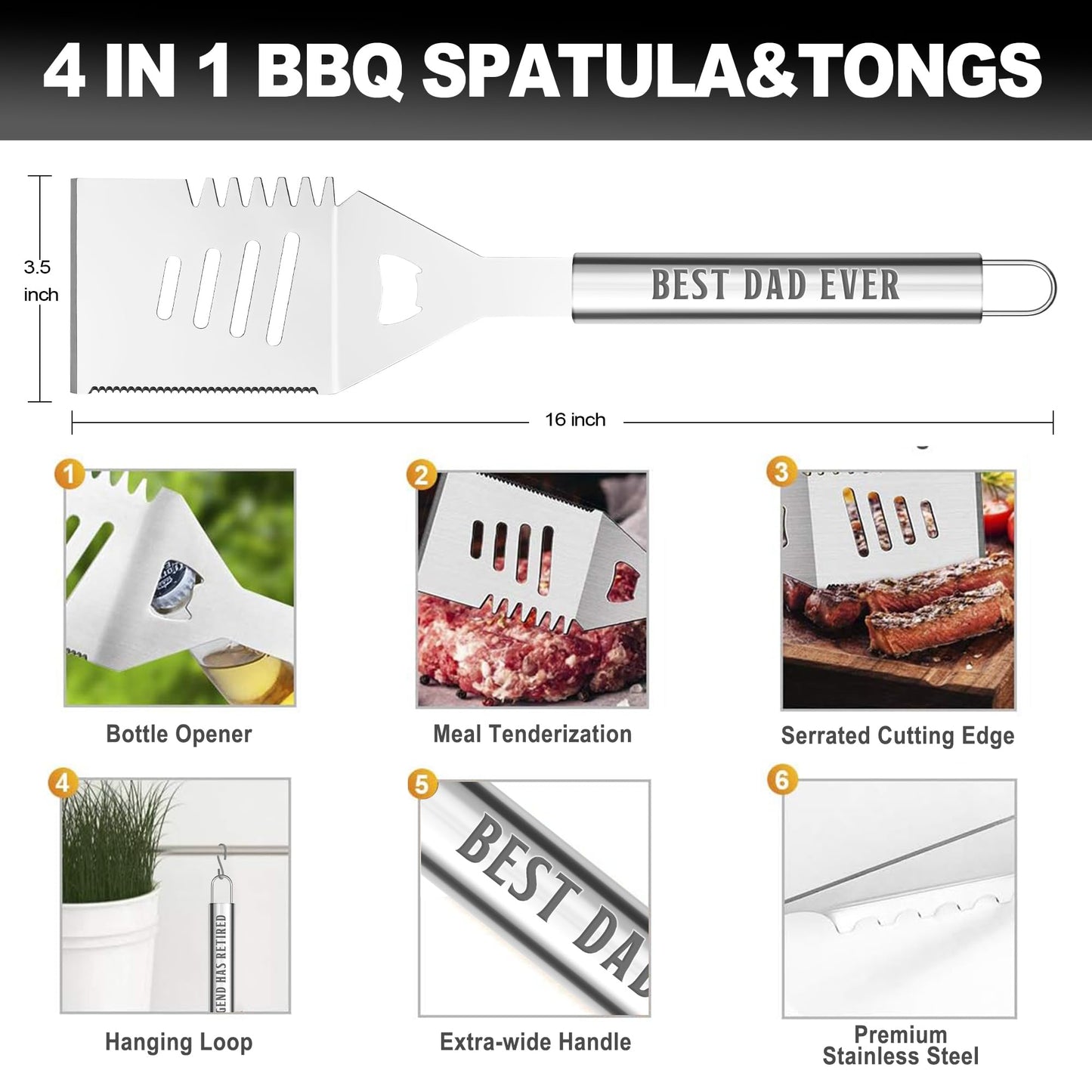 Dad Birthday Gifts, Grilling Accessories, Heavy Duty Stainless Steel Grill Set BBQ Grill Tools for Outdoor Grill with Aluminum Case, Dad Grill Utensils Ideal Christmas Grilling Gift for Men(Black)