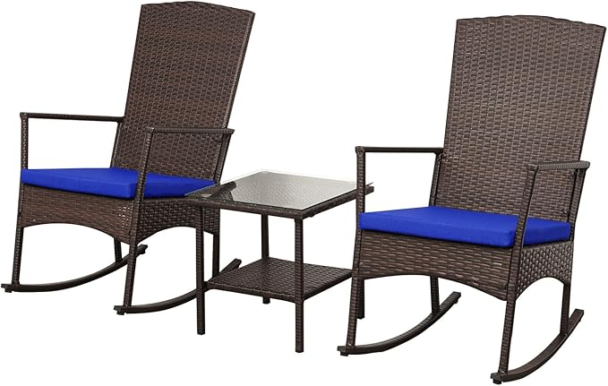 Outdoor PE Wicker Rocking Chair 3-Piece Patio Rattan Bistro Set 2 Rocker Armchair and Glass Coffee Side Table Furniture Washable Lacing Cushions, Blue